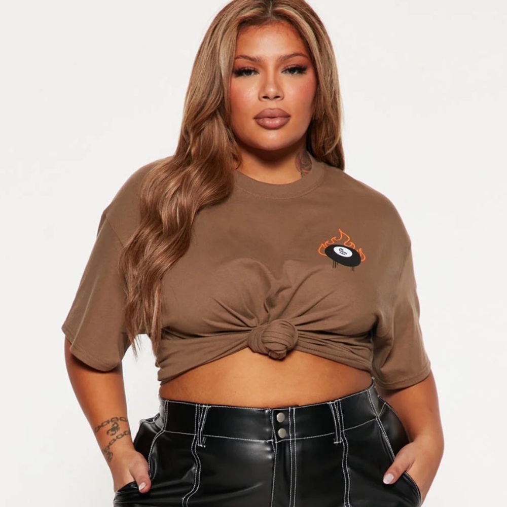 FASHIONNOVA Taupe & Orange 8 Ball Hustlin’ Graphic Short Sleeve Tee